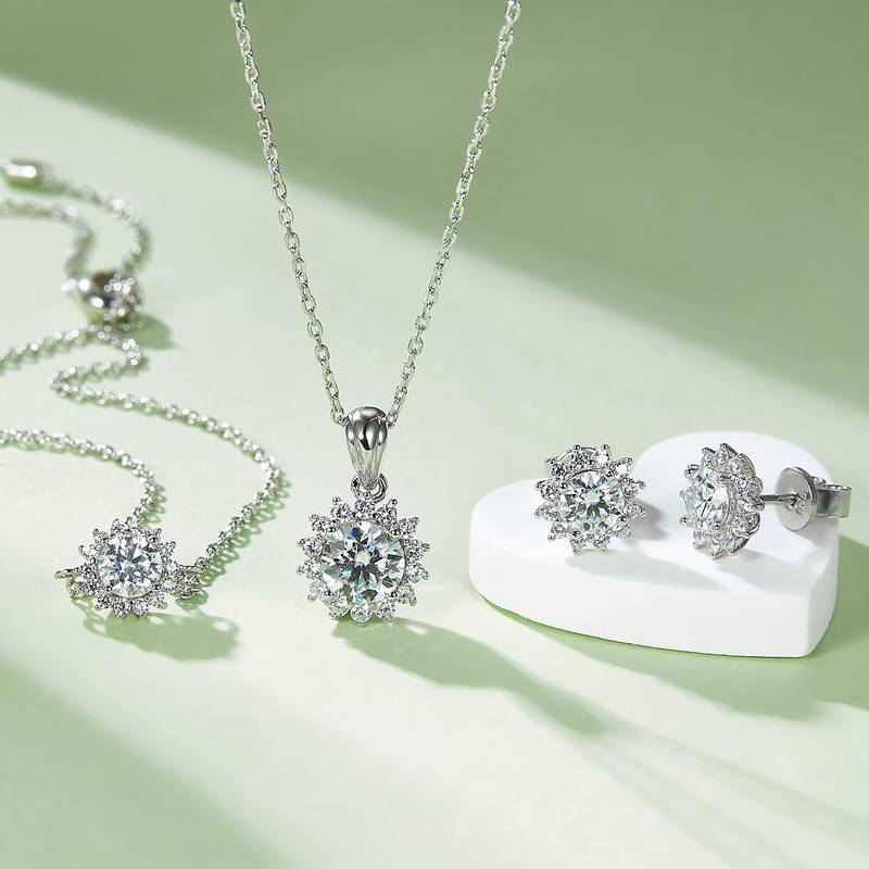 太阳花S925银镀白金MoissanitePendantStud Earring套装